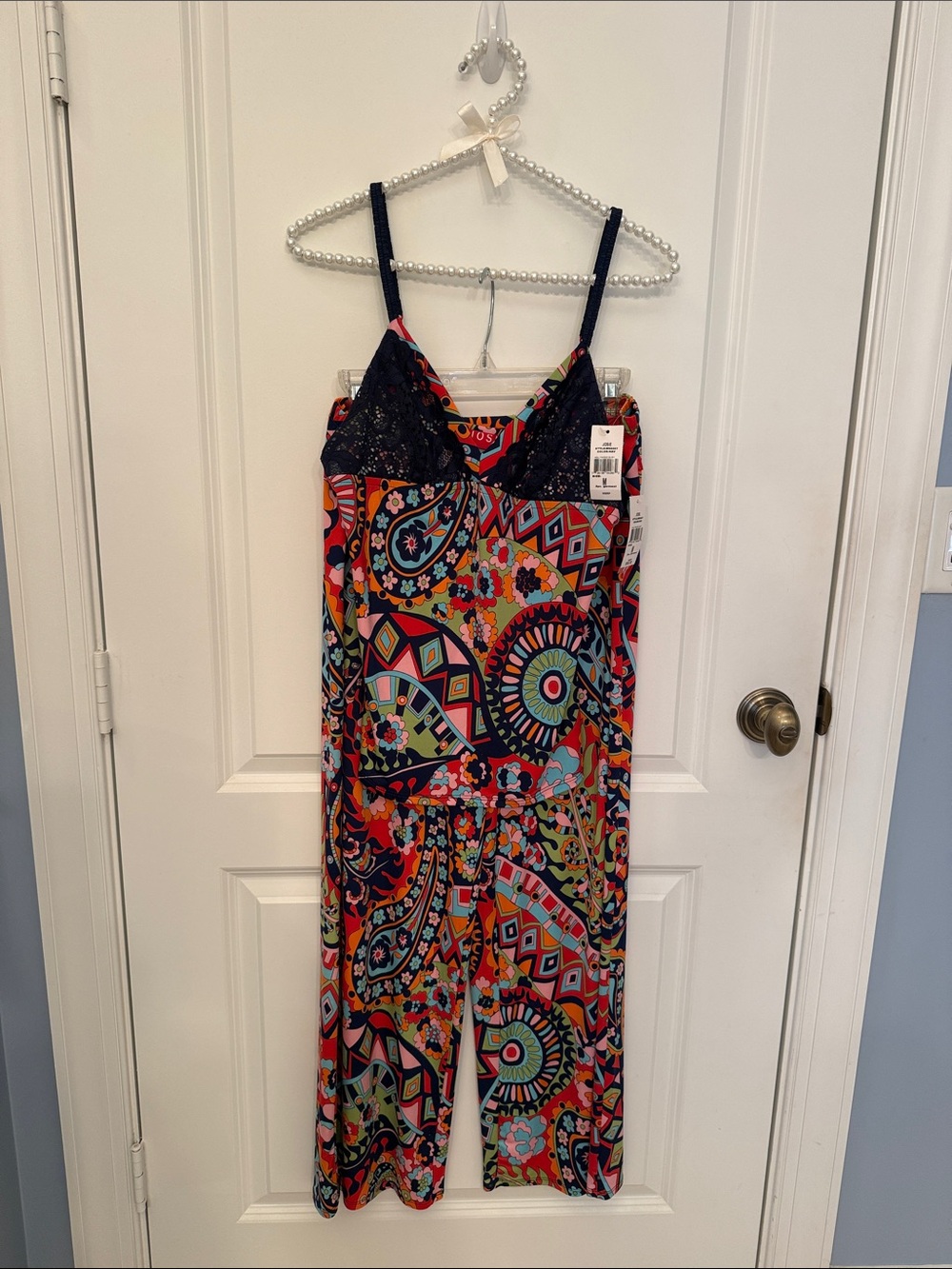Natori Multicolor Printed Jumpsuit with Black Lace Bodice